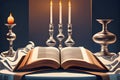 Shabbos table setting, thick closed Leather book on shabbos table with white tableloth, 2 silver candlestick in dark navy room, Royalty Free Stock Photo