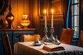 Shabbos table setting, thick closed Leather book on shabbos table with white tableloth, 2 silver candlestick in dark navy room,