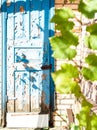 Shabby blue wooden outdoor door of shed Royalty Free Stock Photo