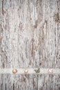 Shabby chic background with seashells and lace fabric on old woo Royalty Free Stock Photo