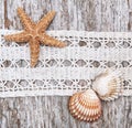 Shabby chic background with seashells and lace on old wood Royalty Free Stock Photo