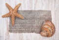 Shabby chic background with seashells and sackcloth