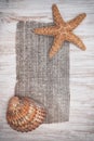 Shabby chic background with seashells and sackcloth Royalty Free Stock Photo