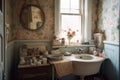 shabby chic bathroom, with vintage sink, wallpaper and accessories