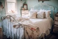 shabby chic bedroom, with vintage bed frame and plush comforter Royalty Free Stock Photo