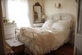 shabby chic bedroom, with vintage bed frame and plush comforter Royalty Free Stock Photo