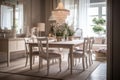 shabby chic dining table, with simple lines and metal legs, surrounded by luxurious chairs