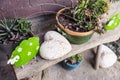 Shabby Chic Garden Decorations on Wooden Bench Royalty Free Stock Photo