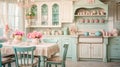 Shabby chic home interior kitchen, vintage and distressed look with pastel colors, floral patternsantique furniture