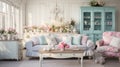 Shabby chic home interior living room, vintage and distressed look with pastel colors, floral patternsantique furniture