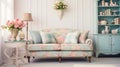 Shabby chic home interior living room, vintage and distressed look with pastel colors, floral patternsantique furniture