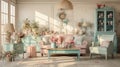 Shabby chic home interior living room, vintage and distressed look with pastel colors, floral patternsantique furniture