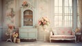 Shabby chic home interior vestibule, vintage and distressed look with pastel colors, floral patternsantique furniture