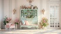 Shabby chic home interior vestibule, vintage and distressed look with pastel colors, floral patternsantique furniture