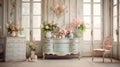 Shabby chic home interior vestibule, vintage and distressed look with pastel colors, floral patternsantique furniture
