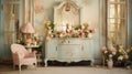 Shabby chic home interior vestibule, vintage and distressed look with pastel colors, floral patternsantique furniture