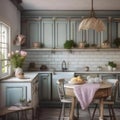 A shabby chic kitchen with distressed furniture, pastel hues, floral patterns, and vintage decor1