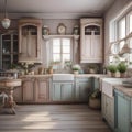 A shabby chic kitchen with distressed furniture, pastel hues, floral patterns, and vintage decor2
