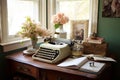 shabby chic office with vintage typewriter, old books, and floral touches Royalty Free Stock Photo