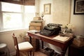 shabby chic office with vintage typewriter, old books, and floral touches Royalty Free Stock Photo