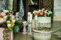 Shabby chic room interior. Wedding decor, room decorated for shabby chic rustic wedding, with many candles, flowers Royalty Free Stock Photo