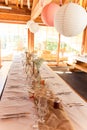 Shabby Chic Rustic Wedding Table Wheat Decoration and Speric Paper Lights Royalty Free Stock Photo