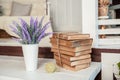 Shabby chic style. decoration with vintage books and lavender.Shabby chic interior decor for farmhouse. Lavender in