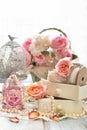 Shabby chic style decorations with roses and laces Royalty Free Stock Photo