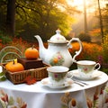 Shabby chic tea set in autumn garden Royalty Free Stock Photo