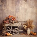 Shabby chic vintage autumn faded background with rustic farm elements