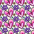 Pink Hearts Lilac Floral Seamless Watercolor Pattern