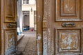Shabby double door surface with flaking brown and grey paints. Opened door to courtyard inside old house in Paris France.