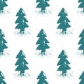 Shabby hand drawn fir-trees and snow on white background. seamless paint winter pattern with spruce