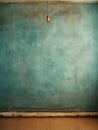 Shabby interior of an empty room with grungy green wall, wooden floor, and copper ceiling lamp. Generative AI Royalty Free Stock Photo