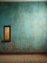 Shabby interior of an empty room with grungy green wall, wooden floor, and small window. Cracked old surface. Generative AI