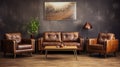 Shabby leather brown sofa and two retro chairs. Art deco style interior design of modern living room Royalty Free Stock Photo