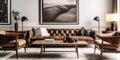 Shabby leather brown sofa and two retro chairs. Art deco style interior design of modern living room. Created with generative AI Royalty Free Stock Photo