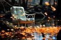 A shabby old rocking chair stands in a pond in the park in Autumn