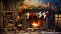 In a shabby room, with a burning fireplace, there were worn-out socks, belonging to poor children, hanging, waiting for gifts, Royalty Free Stock Photo