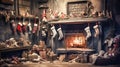 In a shabby room, with a burning fireplace, there were worn-out socks, belonging to poor children, hanging, waiting for gifts, Royalty Free Stock Photo