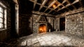 Shabby room with fireplace in a dilapidated old mansion Royalty Free Stock Photo