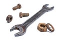 Shabby spanner and rusty nuts, bolts Royalty Free Stock Photo