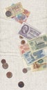 Shabby, torn and obsolete coins and banknotes of the Bank of Russia of the 20th century. 3d illustration. Collage on double-thread