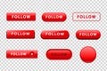 Vector set of realistic isolated red button of Follow logo for website decoration