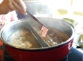 Shabu food Korean style , Shabu or grilled,Hot pot hand holding Royalty Free Stock Photo