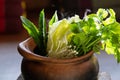 Shabu hot pot, with Chinese cabbage, mushrooms, coriander leaves, cilantro, vegetable ingredient pork, and protein mushrooms hot