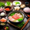 Shabu-Shabu, Japanese food that is beautifully and colorfully arranged on the table, is unique and appetizing.