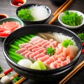 Shabu shabu, Japanese food, beautifully decorated on the table, colorful and appetizing.