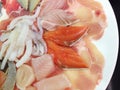 Shabu meat set with sliced pork, salmon, fish, squid