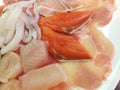 Shabu meat set with sliced pork, salmon, fish, squid